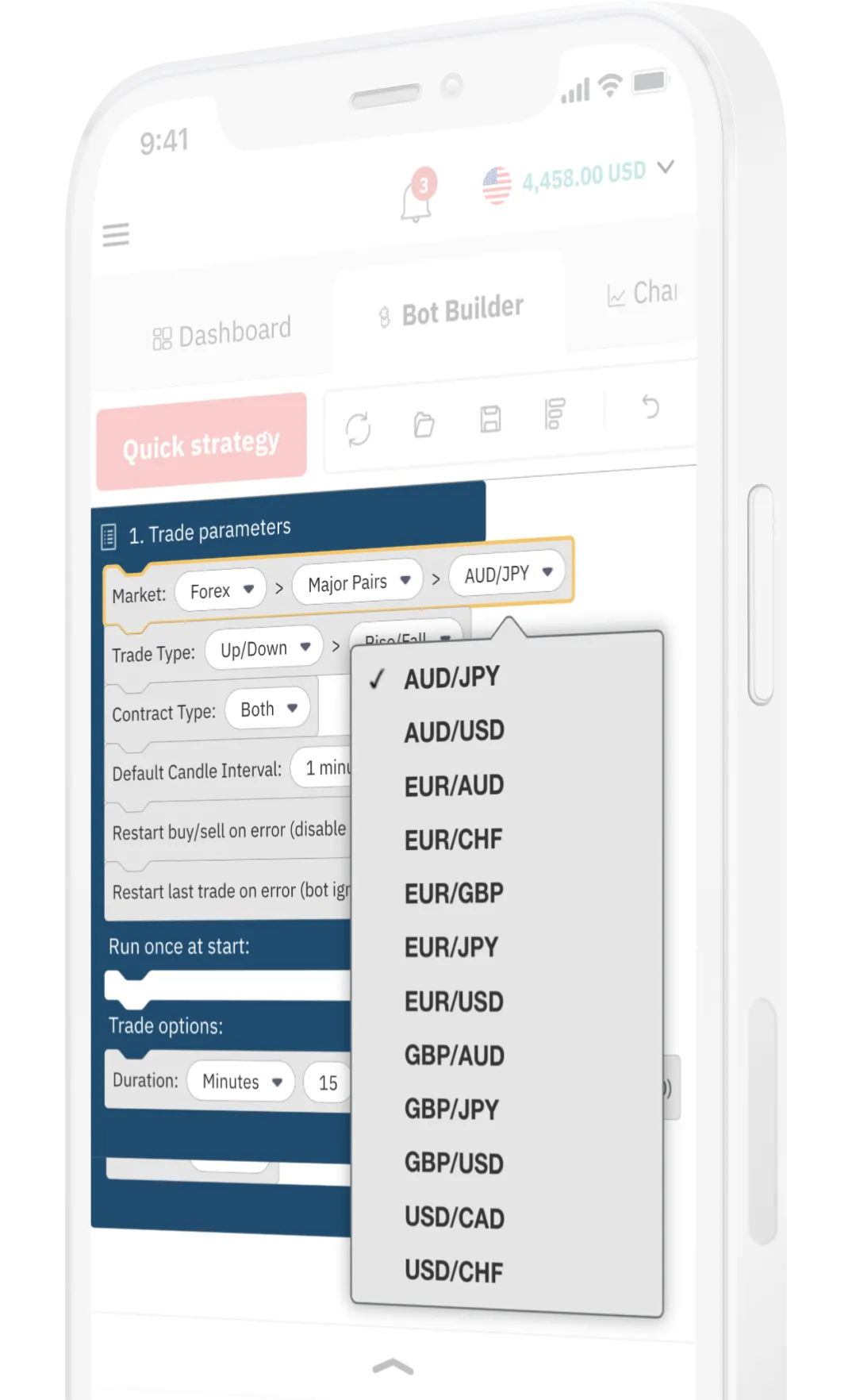 A mobile screen showing the trade parameters on Deriv Bot