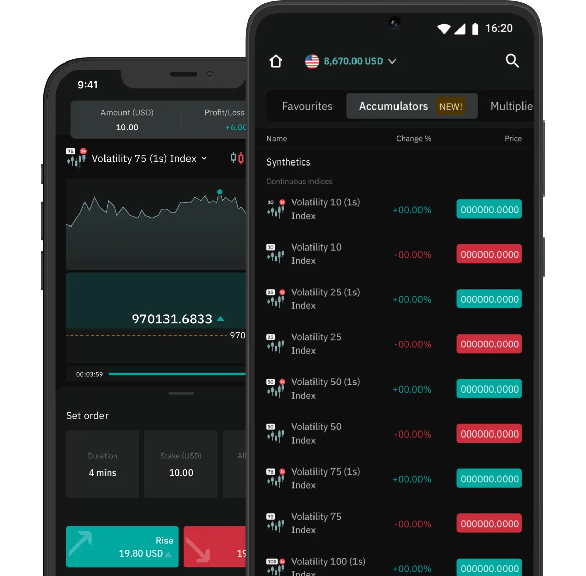 Mobile screens showing trading assets available on Deriv GO