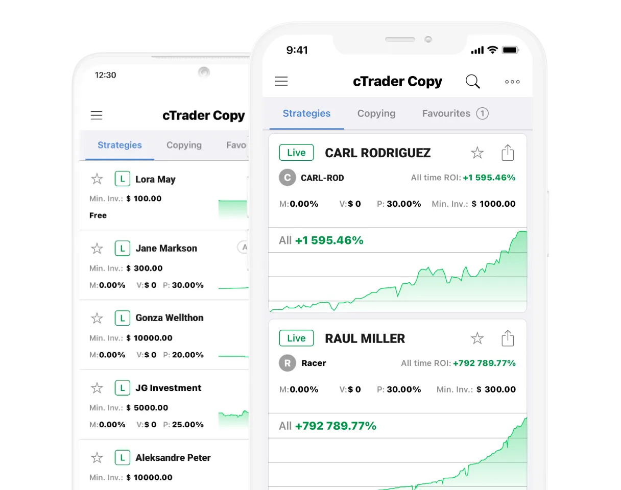 Mobile screens showing a list of copy traders on Deriv cTrader
