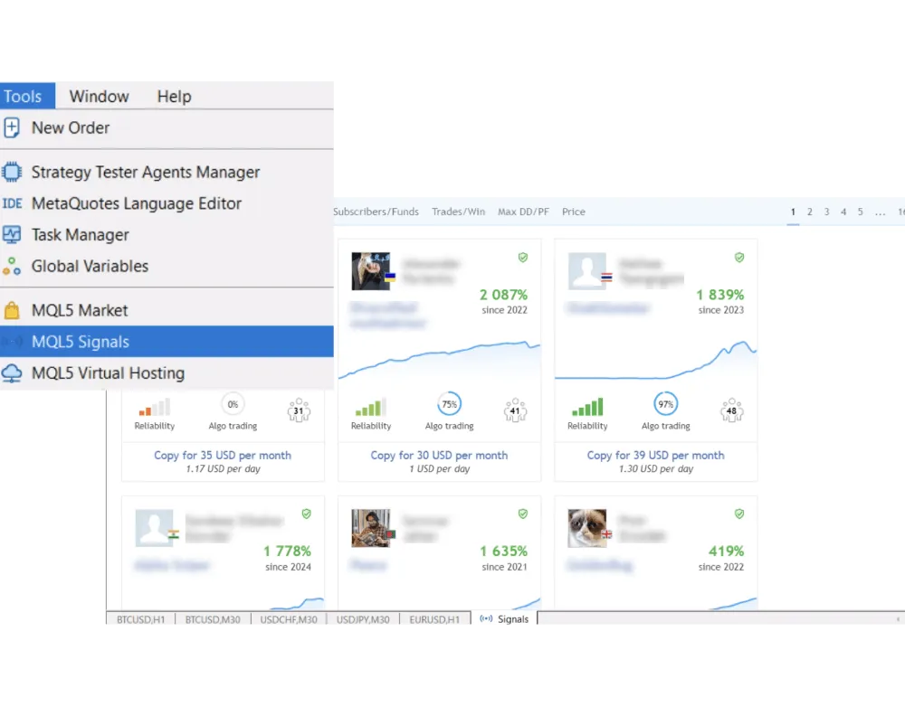 Pop-up window on MT5 trading terminal indicating the location of MQL5 signals under the Tools menu.