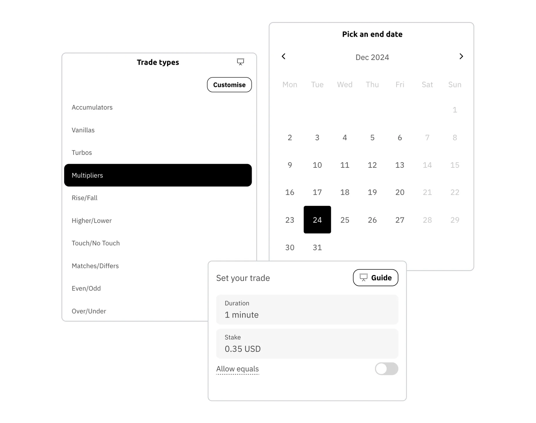 A screen showing trade parameters on Deriv Trader.