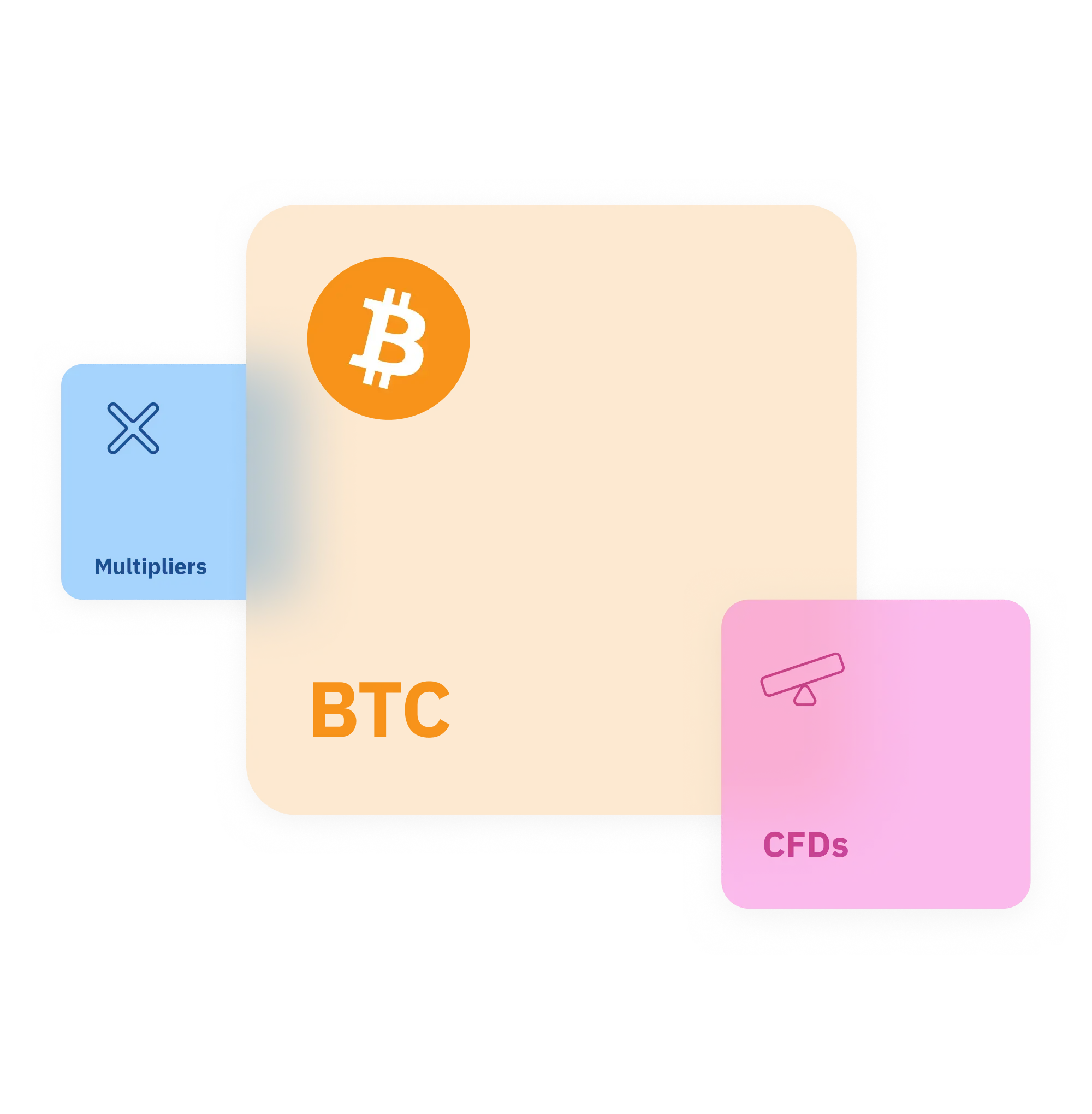 Bitcoin symbol with trading product icons on light background representing crypto trading on Deriv